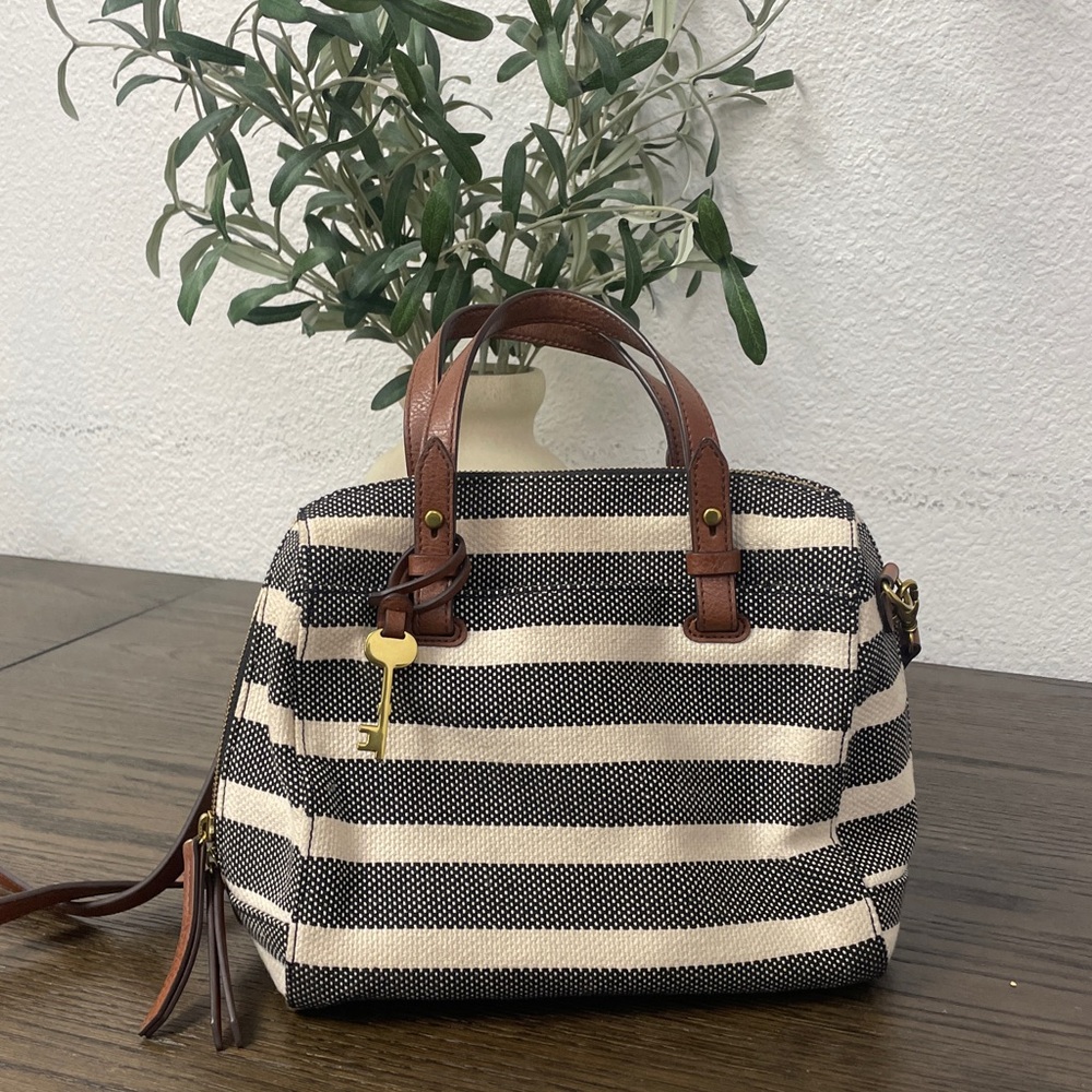Fossil Black and Cream Striped Canvas Satchel with Brown Leather Handles